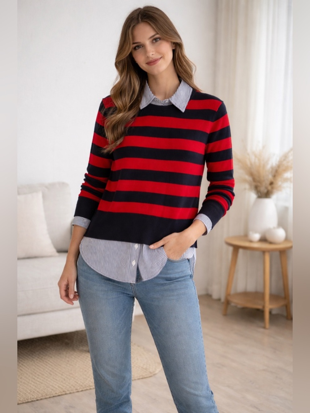 Crown & Ivy Women’s striped popover layered collared shirt sweater small
